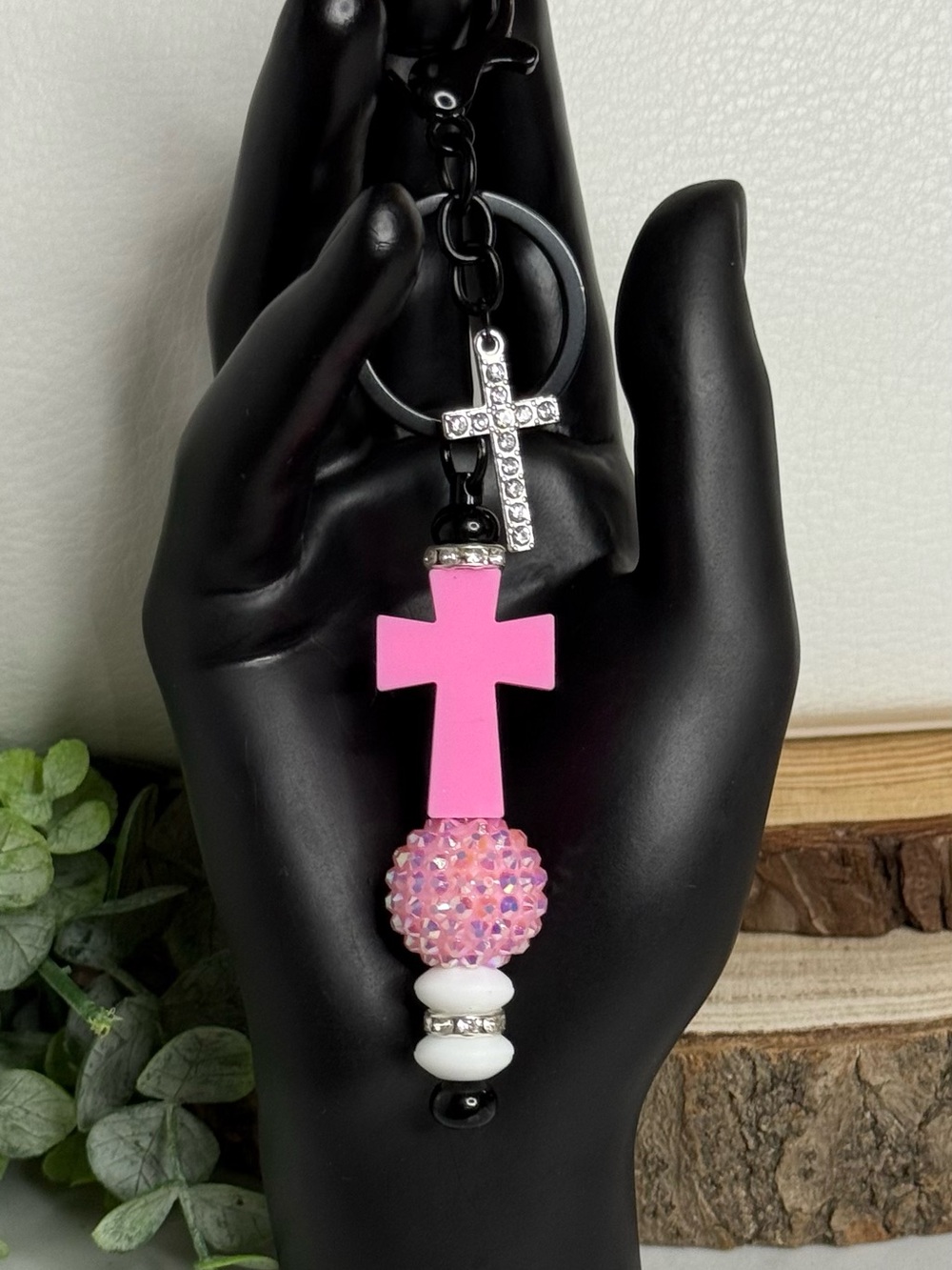Pink Cross Beaded Keychain with Rhinestone Cross Charm - Picture 6 of 6